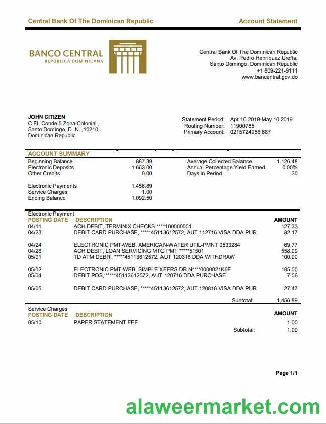 Dominican Republic Central Bank of The Dominican Republic bank statement